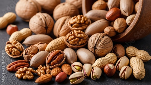 Realistic food photography American nuts assortment natural brown tones healthy organic snack concept isolated background macro detail for commercial food branding nutrition advertising