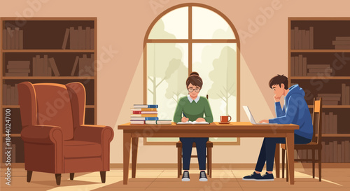 Two students studying together at a wooden table in a library.