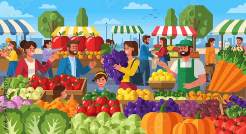 Vibrant outdoor market scene with diverse people buying and selling fresh produce.