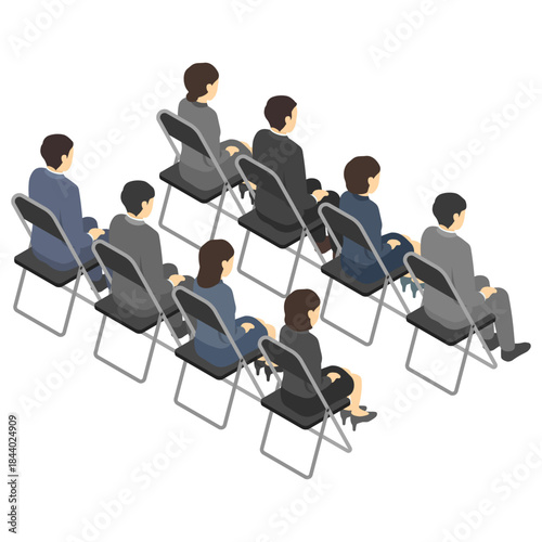 アイソメトリックイラスト：パイプ椅子に座るスーツ男女(後)