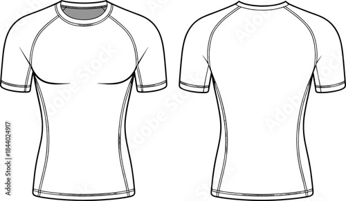 Fitted raglan athletic t-shirt vector template, front and back cad drawing flat illustration for sportswear design, garment mockup and fashion detailing