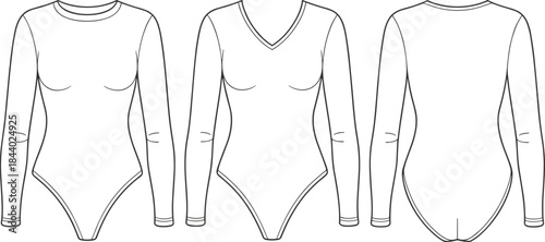 Long sleeve bodysuit vector illustration with front and back flat sketch, technical fashion CAD drawing, apparel design template for clothing designers