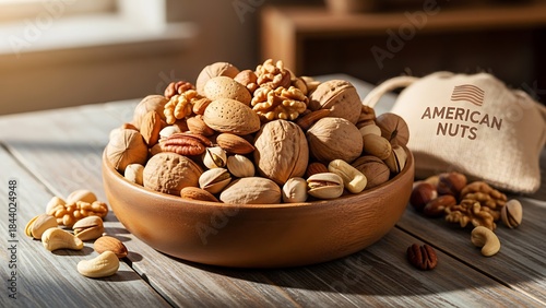 Top view realistic American nuts assortment crunchy organic and natural food concept with warm brown colors isolated background for premium snack branding healthy lifestyle promotion