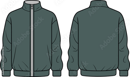 Modern bomber jacket vector, detailed cad drawing flat illustration, stylish outerwear fashion template with zipper front design for apparel designers and creators