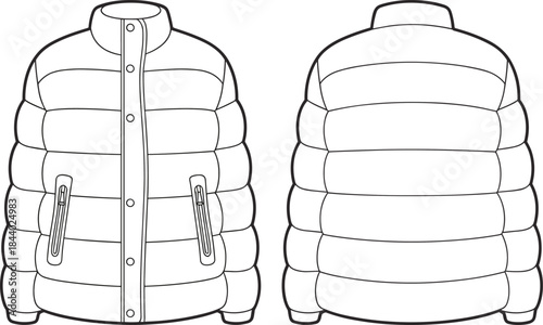 Modern padded puffer jacket vector, detailed cad drawing flat illustration, winter outerwear fashion sketch design for technical apparel template and designers