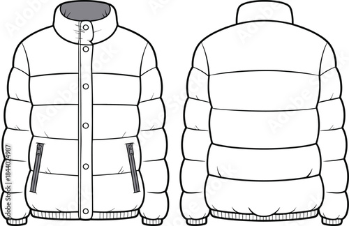 Modern padded puffer jacket vector, detailed cad drawing flat illustration, winter outerwear fashion sketch design for apparel template creators and designers