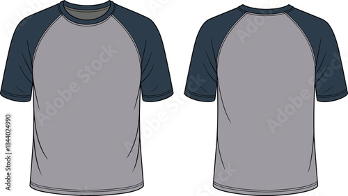 Raglan short sleeve t shirt technical flat template, vector apparel illustration showing front and back casual garment design for CAD drawing