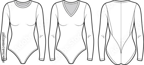 Technical flat sketch vector of women’s long sleeve bodysuit, detailed apparel design illustration showing front and back views for fashion drafting
