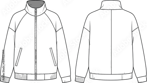 Technical jacket flat sketch with zipper front design, detailed apparel outline for fashion designers, winter outerwear template, cad drawing flat vector illustration