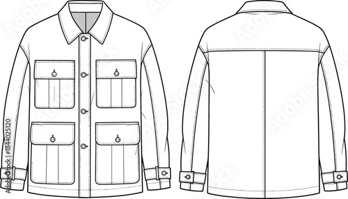 Utility jacket technical flat sketch, detailed cad drawing with multiple pockets, long sleeve outerwear design, fashion garment vector illustration template