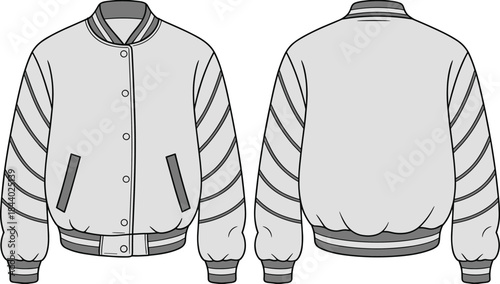 Varsity jacket front and back technical flat template featuring curved sleeve stripes, detailed fashion CAD drawing, clean apparel vector illustration for designers