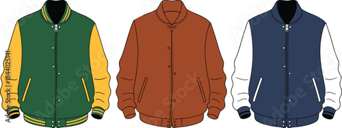 Varsity jacket collection technical flat sketch with detailed CAD drawing, fashion outerwear vector illustration showcasing multiple color styles for apparel design