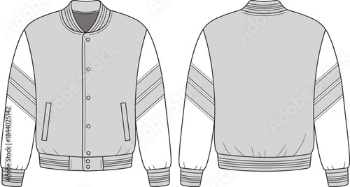 Varsity jacket front and back technical flat template with dual sleeve stripes, detailed fashion CAD drawing, clean apparel vector illustration for designers
