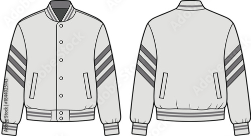 Varsity jacket front and back technical flat template, detailed fashion CAD drawing with striped sleeves, clean apparel vector illustration for designers
