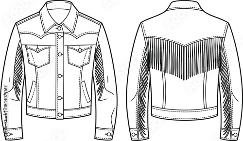 Western fringe jacket technical fashion flat sketch, detailed garment construction drawing, cowboy style outerwear design, CAD apparel vector illustration