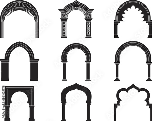 Architectural arch silhouettes collection, Islamic Mughal Moroccan doorway frames, black ornamental arches set, vintage decorative entrance elements vector illustration