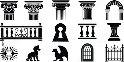 Classic architectural elements silhouettes set, vintage columns arches balustrades gargoyles windows gates icons collection, black decorative historical vector illustration