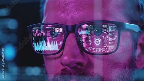 Digital data reflection on futuristic augmented reality glasses with neon light