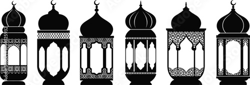 Islamic lantern silhouette set, Ramadan Kareem decorative hanging lamps vector illustration, Arabic festival lighting icons collection, black flat design isolated on white