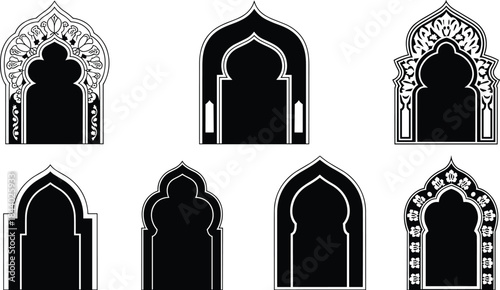 Islamic arch window collection, ornamental mosque doorway silhouettes, traditional Arabic architecture elements, black vector illustration set, isolated on white background