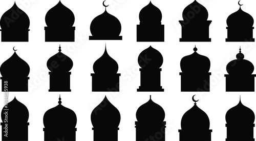 Islamic mosque dome silhouettes collection, traditional arabic architecture roof shapes, black religious landmark icons set, minimal flat vector illustration