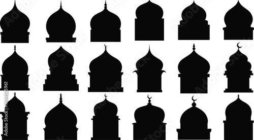 Islamic mosque dome silhouettes vector set, traditional Muslim architecture elements collection, Ramadan and Eid design icons for religious, cultural, branding projects