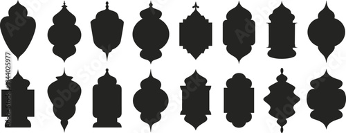 Ornamental Islamic finial silhouettes collection, traditional mosque dome top shapes, black geometric decorative elements set, vintage architectural vector illustration