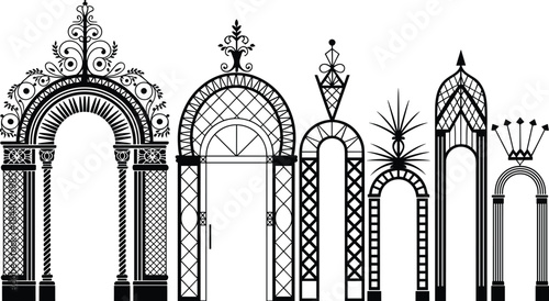 Ornate architectural arches vector set, decorative vintage gateways silhouettes, Islamic and classical doorway designs, black and white illustration collection