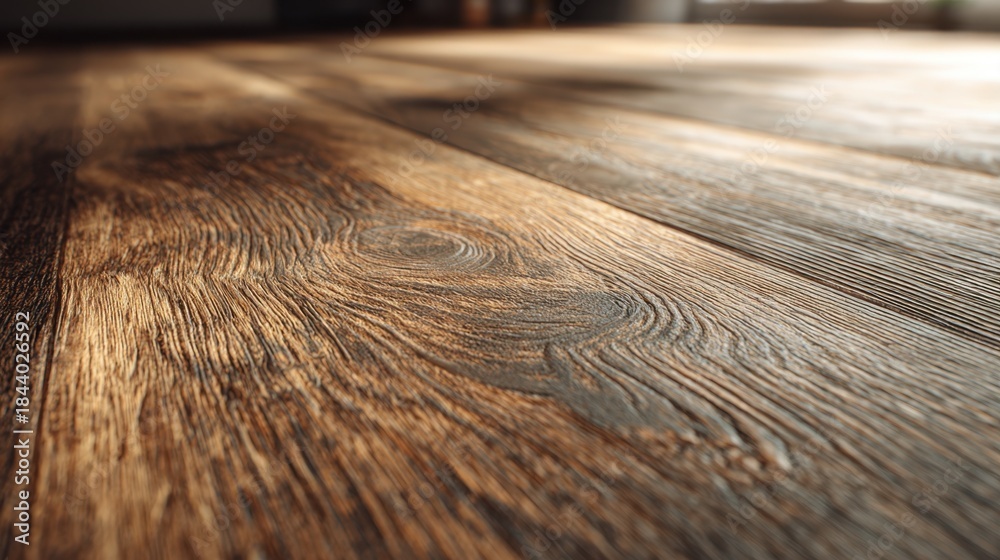 Fototapeta premium Close medium shot of woodlook luxury vinyl planks emphasizing natural grain and rich tones with the primary plank clearly focused and surrounding floor softly blurred.