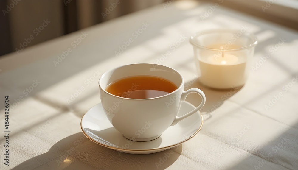 Fototapeta premium Minimal tea setup with a pale cup and warm cozy light