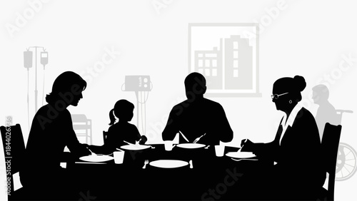 Family enjoying a meal together at a dining table.