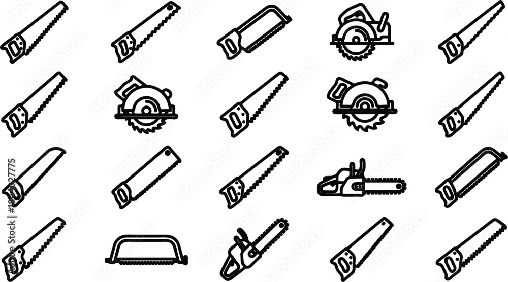 Obraz premium Collection of Various Hand Saws Surrounded by Circular and Chainsaws for Cutting Wood and Materials