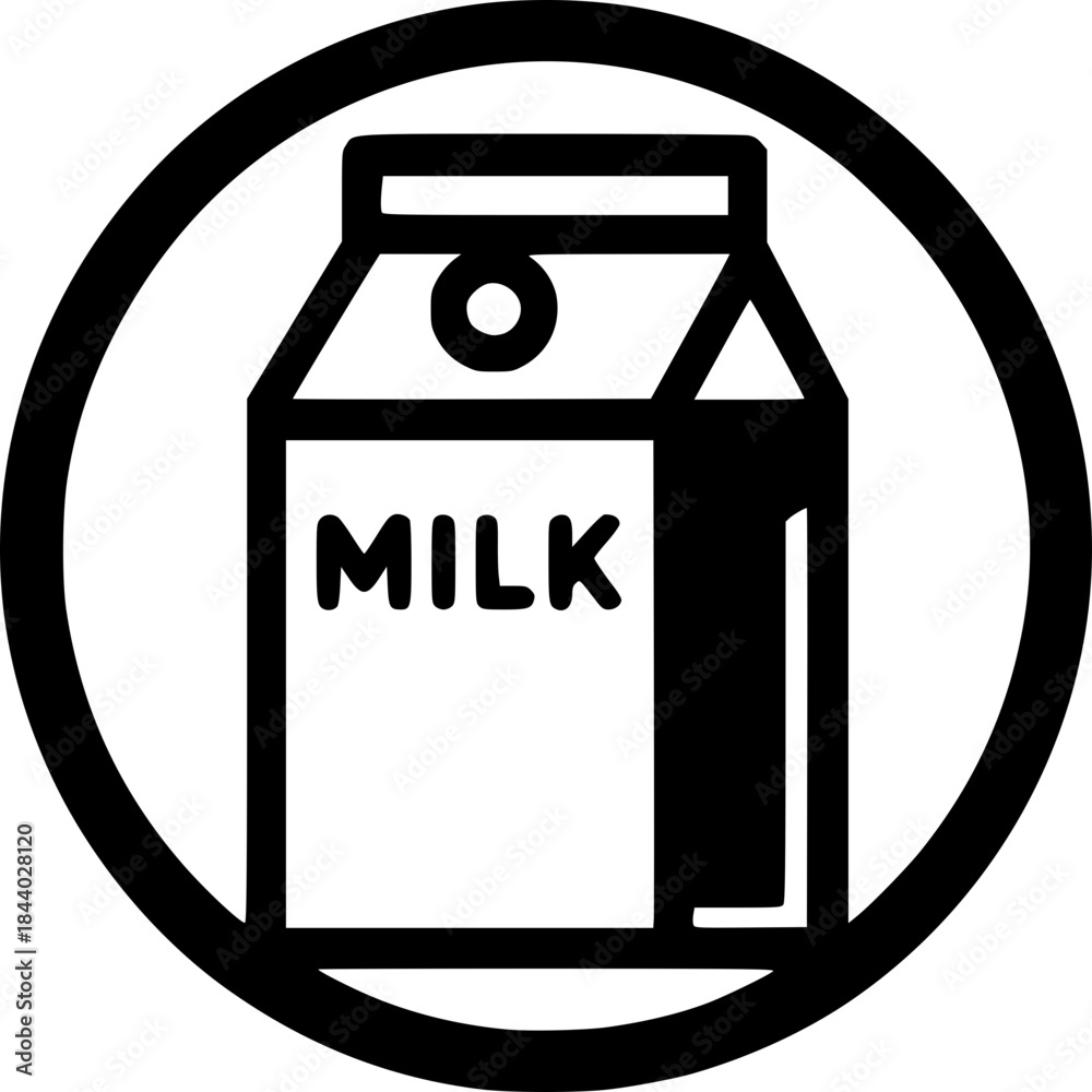 Naklejka premium Minimalist black-white milk box icon with clean lines, no shading, isolated on white. Simple, modern, scalable, ideal for logos or digital use.