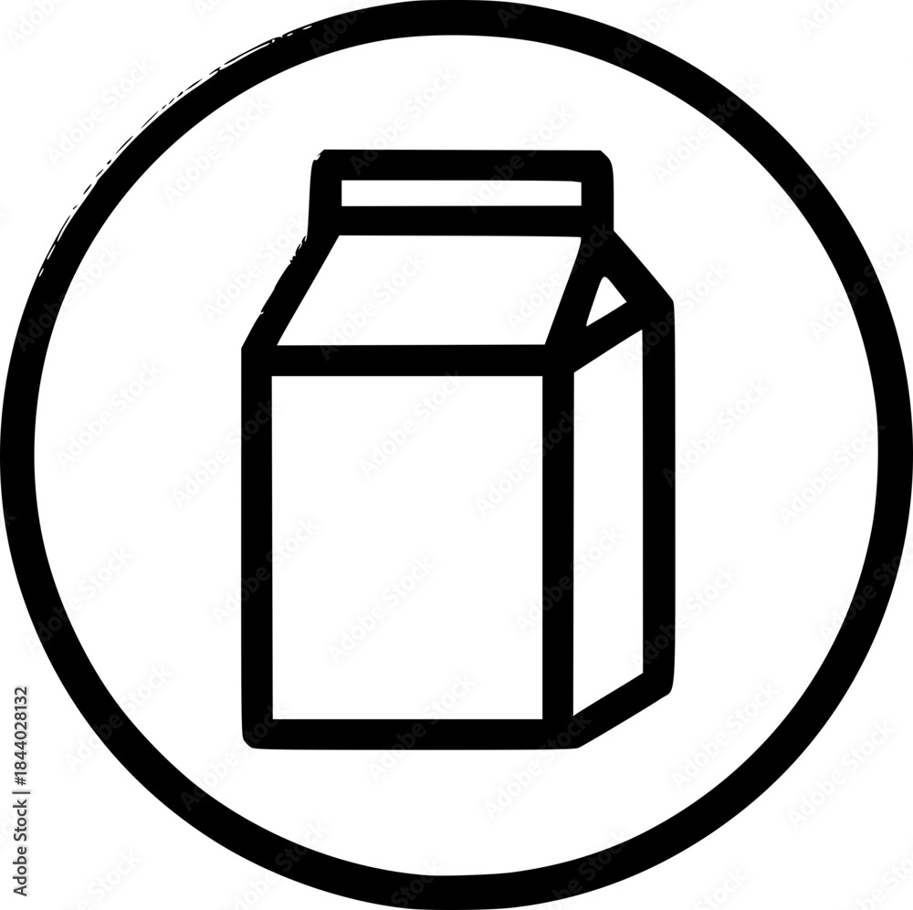 Naklejka premium Minimalist black-white milk box icon with clean lines, no shading, isolated on white. Simple, modern, scalable, ideal for logos or digital use.