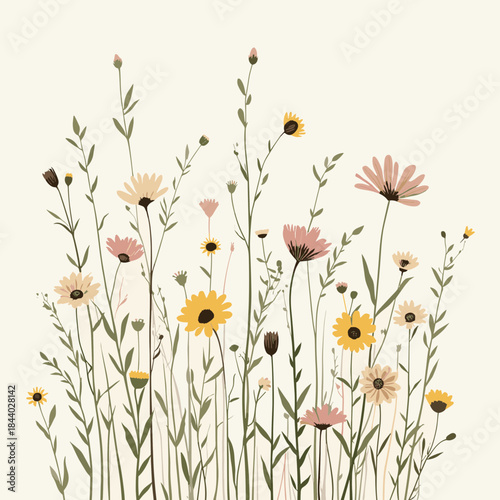 Delicate wildflowers and tall grasses in a light and airy illustration