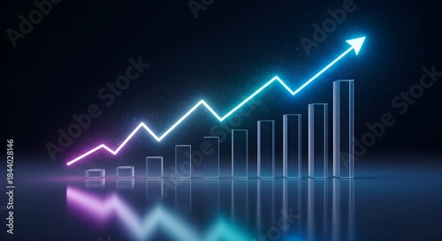 Neon upward-trending arrow rising from a bar chart of translucent blocks on a dark background.