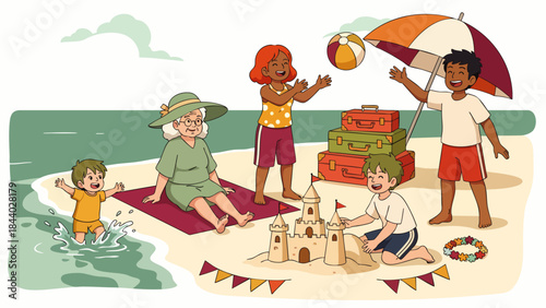 A joyful multi-generational family enjoys a vibrant summer beach vacation, playing in the ocean, building sandcastles, and relaxing under an umbrella.