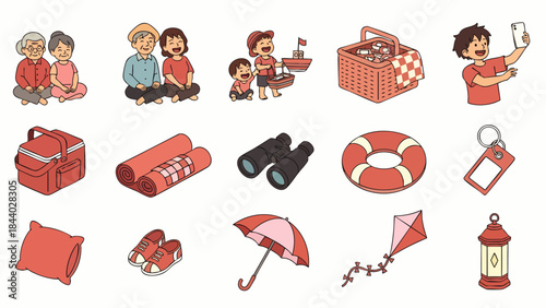 A charming collection of hand-drawn illustrations depicting multi-generational families enjoying outdoor leisure activities, complete with picnic gear.
