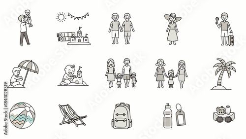 A charming collection of minimalist line art icons depicting various summer vacation activities, perfect for family travel and beach holiday themes.