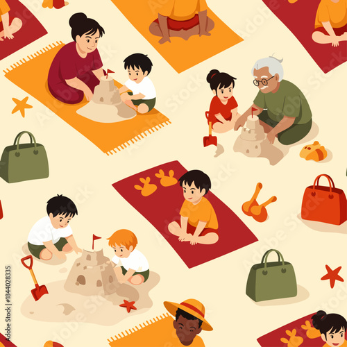 Generations of family members joyfully build sandcastles together on a sunny beach, creating lasting memories.