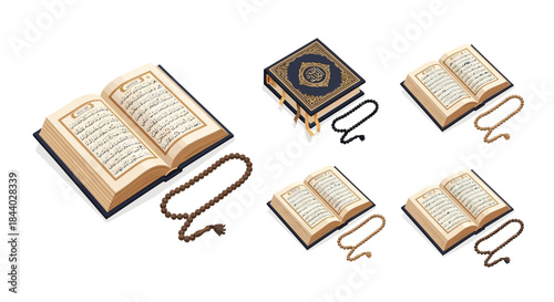 Illustrations of Islamic holy book and prayer beads, symbolizing faith and spirituality