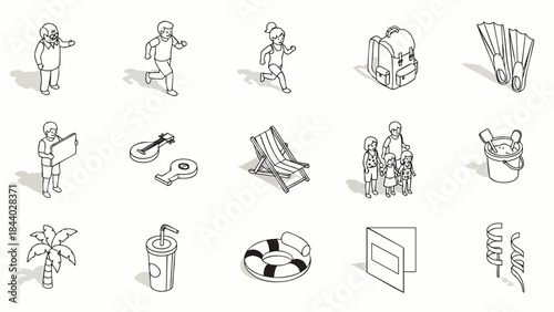 Isometric line art icons depict summer vacation and beach activities with people, objects, and symbols.