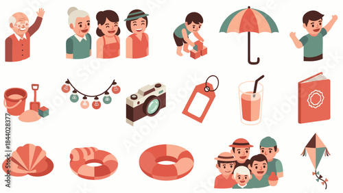 Collection of colorful isometric icons representing summer vacation activities and elements for relaxation and fun.