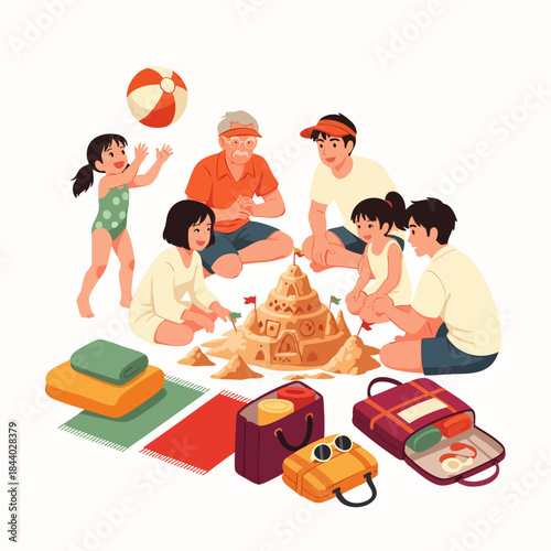 A multi-generational family joyfully builds a magnificent sandcastle together on a sunny beach day.