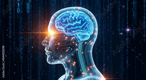 Artificial intelligence and human machine interface. Futuristic digital brain connected to a circuit board body