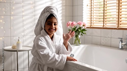 Young girl in bathrobe and towel smiling by bathtub spa concept