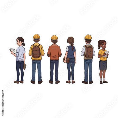 Diverse group of students and construction workers standing together.