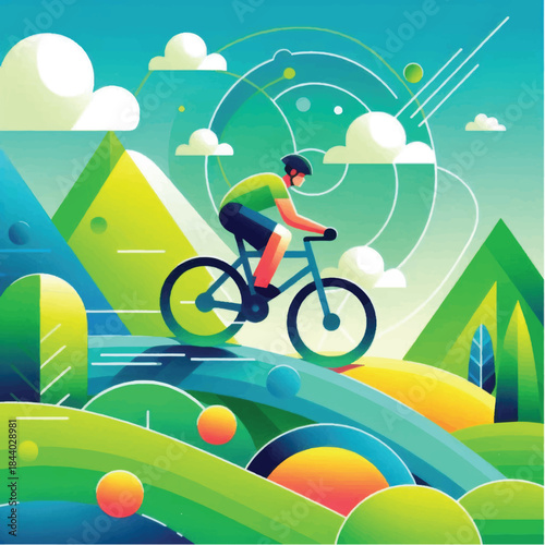 Cyclist riding bicycle on a vibrant green landscape.