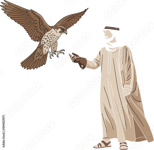 Arab falconer illustration with trained falcon in flight, traditional Middle Eastern culture, wildlife heritage art isolated on white background