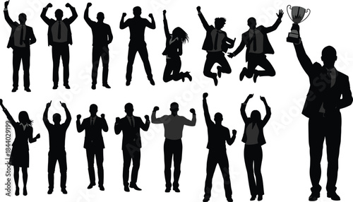Business people silhouettes celebrating success with trophy, winning corporate team jumping in victory isolated on white background illustration